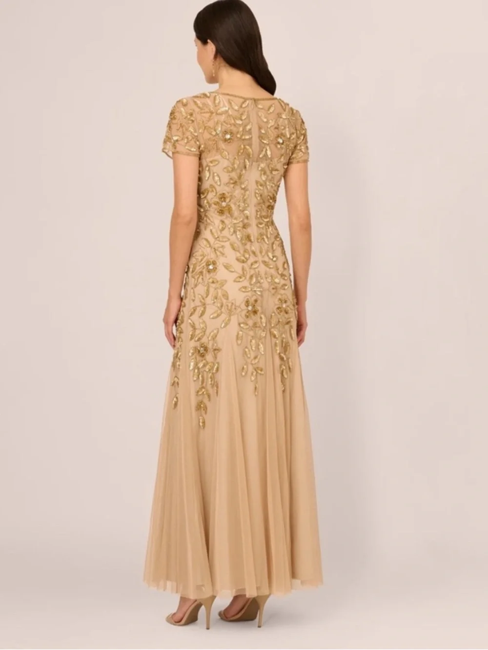 Adrianna Papell Gold Beaded Sequin Mesh Tulle Maxi Gown Dress NWT SZ 6 GALA MOB - Picture 4 of 10